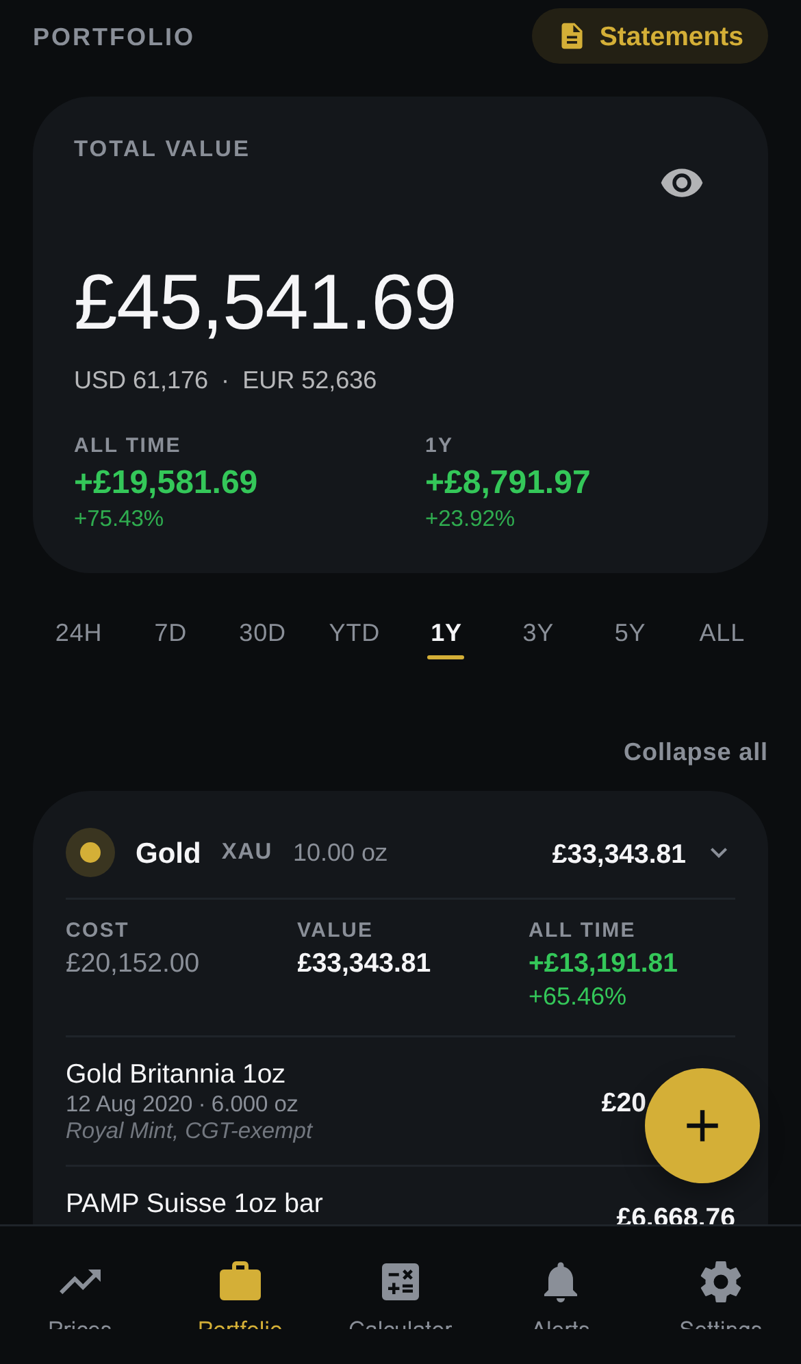 BullionPulse portfolio screen