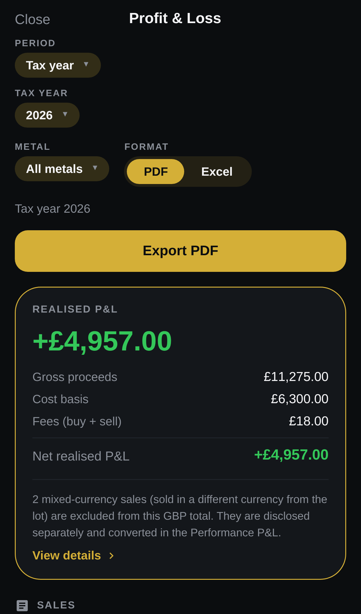 Tax-year statements, ready to export.